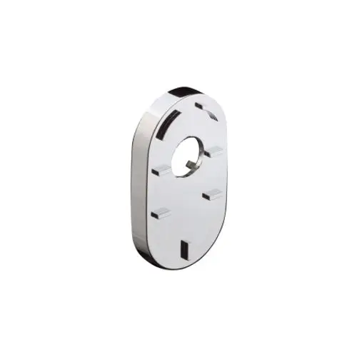 Metallene Fliesenausgleichscheibe von Hansgrohe in chromfarbener Ausführung. Die Oberfläche ist glatt und reflektierend. Enthält Aussparungen zur Befestigung.